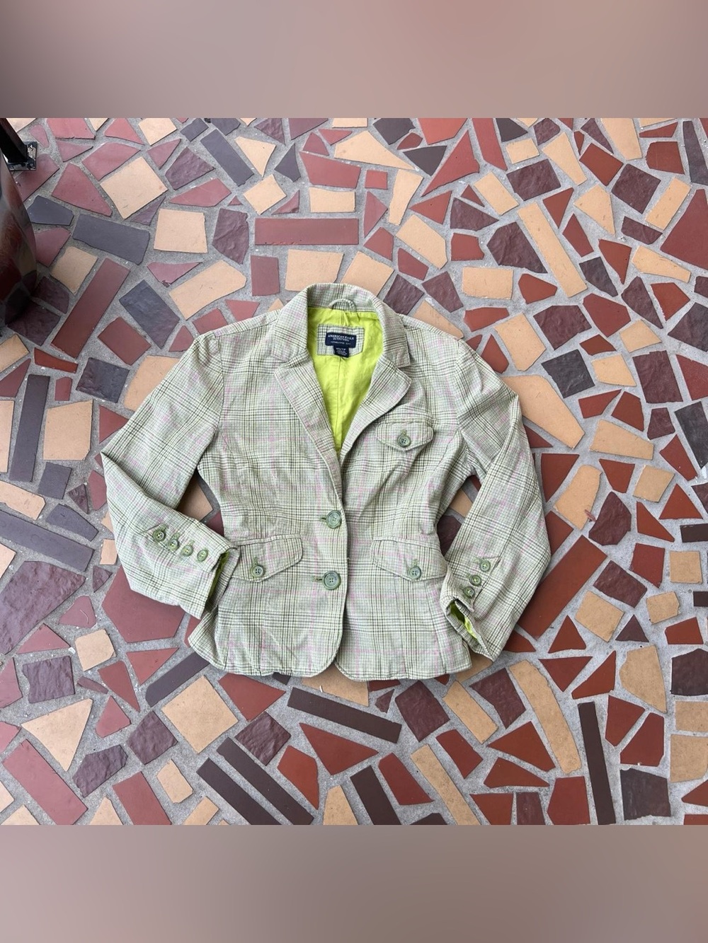 Y2K Style American Eagle Outfitters Light Green Plaid Blazer